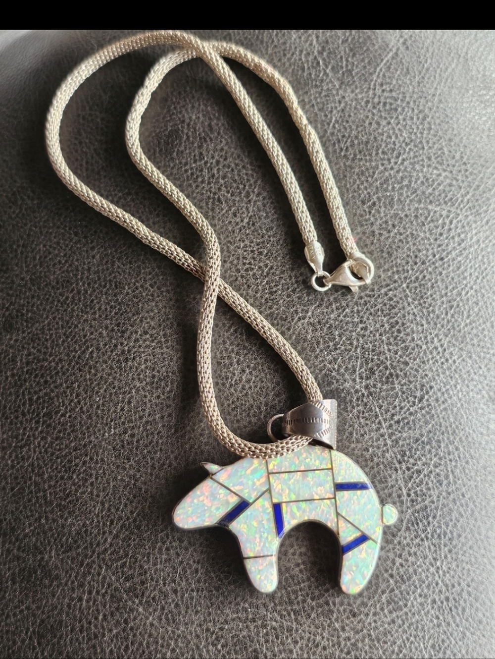 Signed large bear opal necklace. Stamped VV sterling. Most likely native america